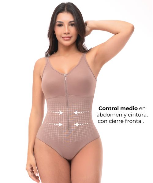 Body de control medio con refuerzo abdominal y cierre frontal que estiliza cintura, abdomen y espalda con efecto natural