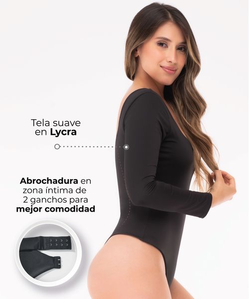 Body moldeador de manga larga en tela suave con lycra de control negro
